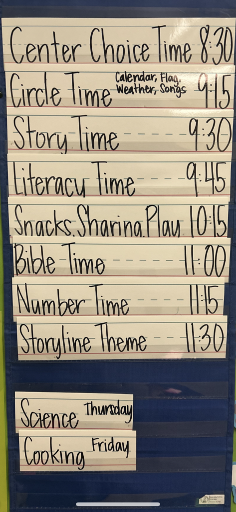 Beginnings Preschool daily schedule